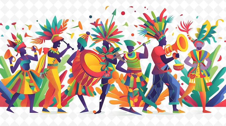 PSD het ontwerp van de deelnemers aan het haïtiaanse carnaval is kleurrijk en energiek illustratie culturele landschap