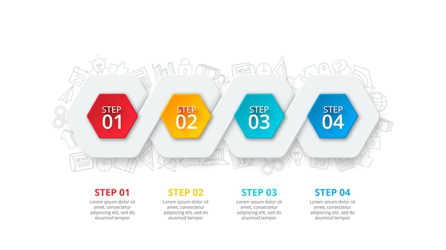 Hexagon elements for infographic with doodle icons template for presentation with 4 steps