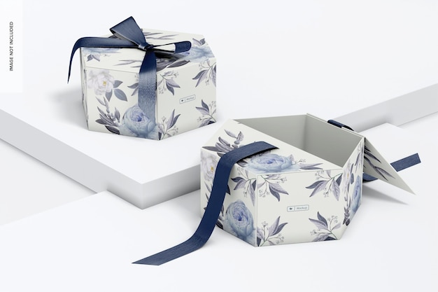 Hexagon Gift Boxes with Ribbon Mockup