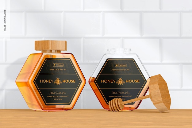 PSD hexagon shaped honey jars mockup