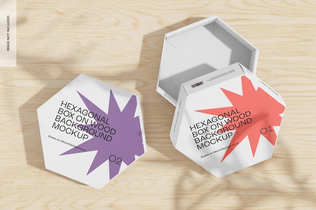 hexagonal boxes on wood background mockup, top view