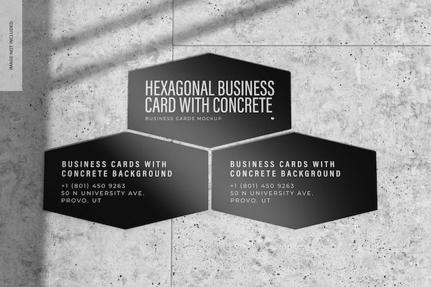 Hexagonal business cards with concrete background mockup, top view