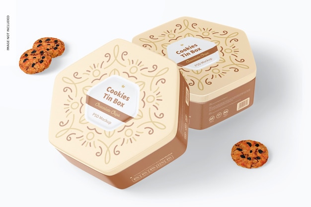 PSD hexagonal cookies tin box mockup, leaned