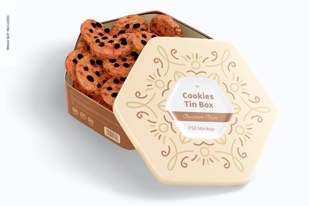 Hexagonal cookies tin box mockup, opened