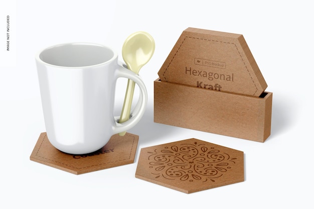 Hexagonal Kraft Coasters with Holder Mockup