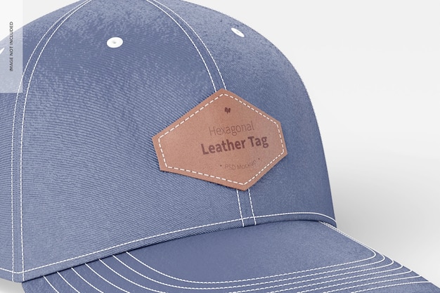 hexagonal leather tags on cap mockup, close up