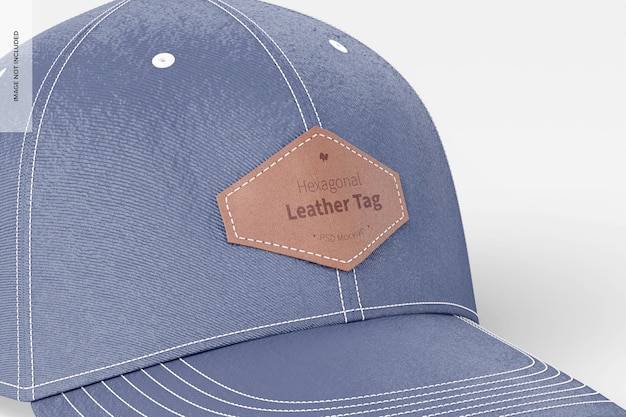 PSD hexagonal leather tags on cap mockup, close up