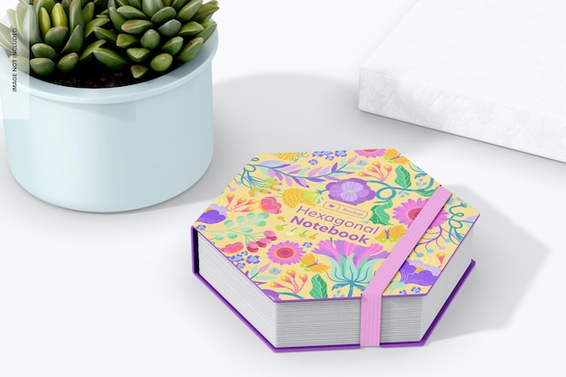 hexagonal notebook with plant pot mockup