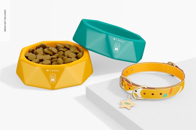 PSD hexagonal pet feeders mockup, leaned