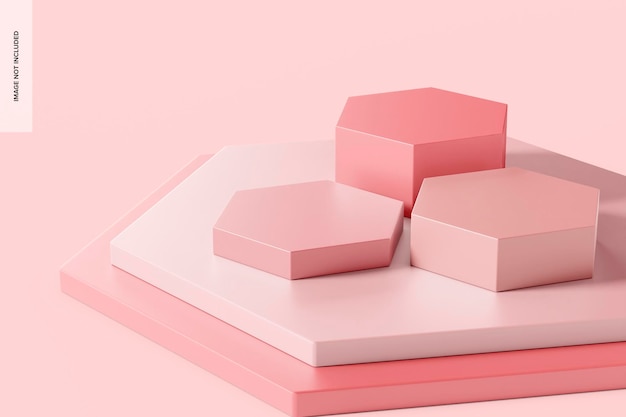 PSD hexagonal pink podiums mockup, stacked