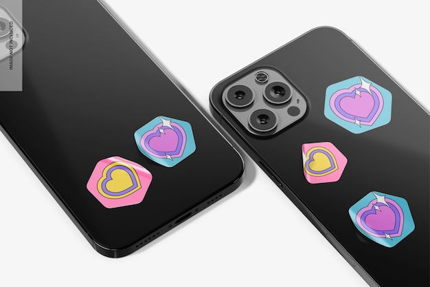 PSD hexagonal stickers on smartphones mockup, left view