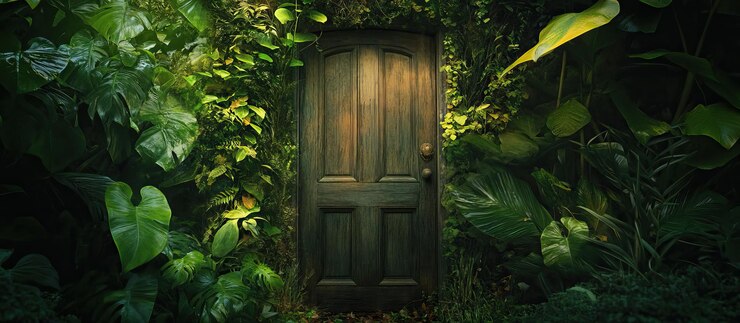 PSD hidden doorway in lush greenery