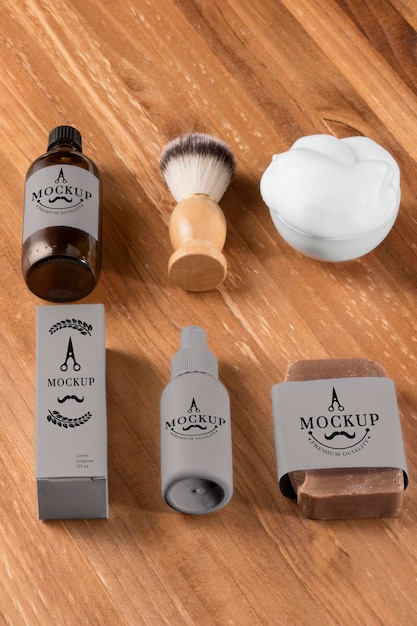 high angle of barbershop products brush and foam