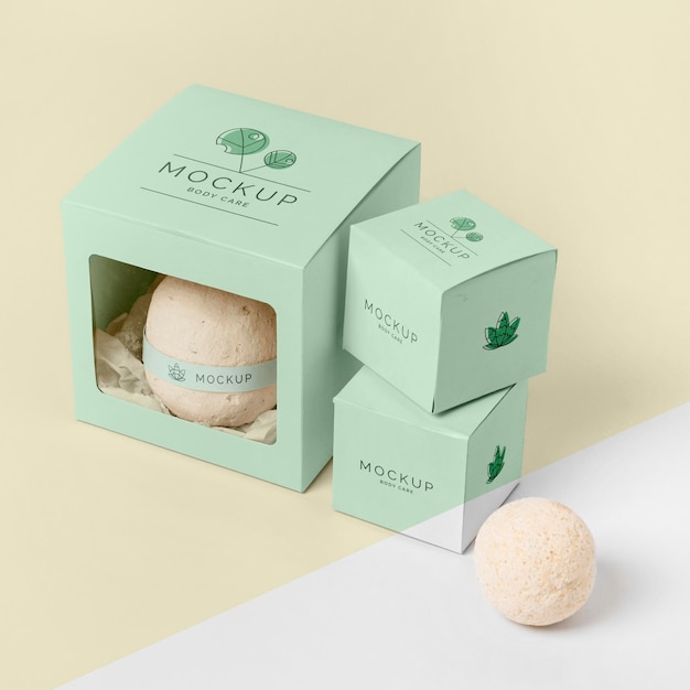 high angle bath bombs in green boxes