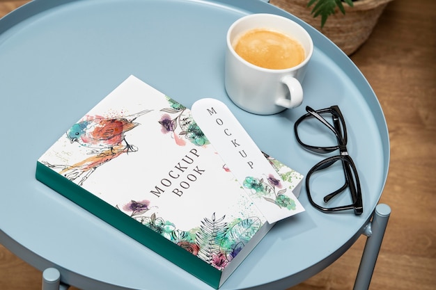 high angle book mock-up on coffee table