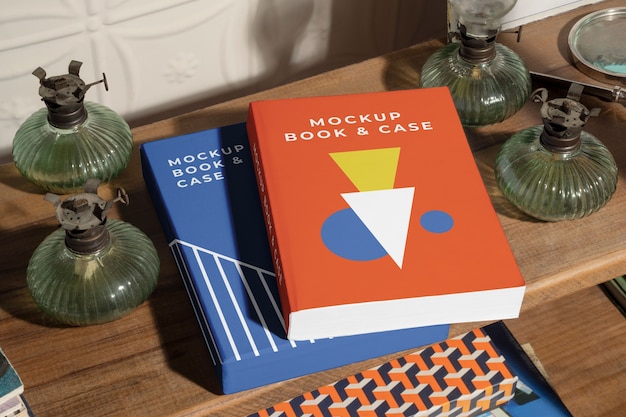 PSD high angle books arrangement mockup