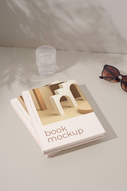 High angle books and sunglasses