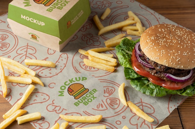 High angle delicious burger and fries