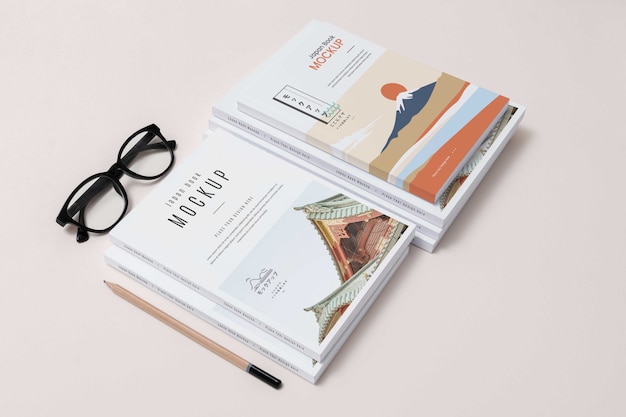high angle desk arrangement with japan books