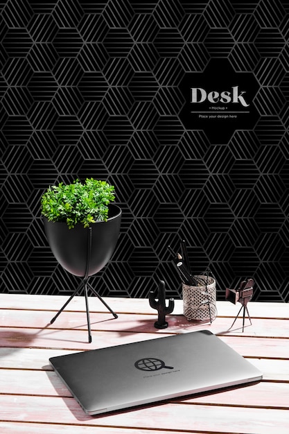 high angle of desk with plant and laptop