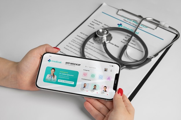 PSD high angle doctor holding smartphone mockup