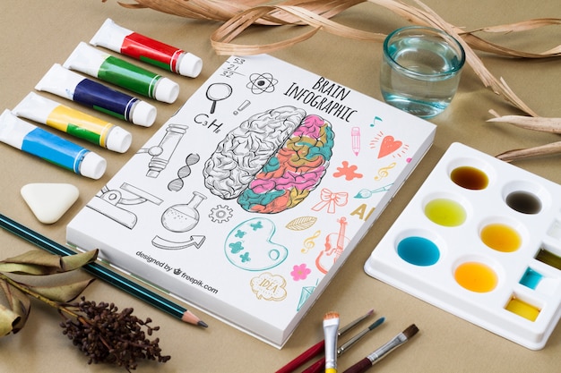 high angle on drawing block with acuarela