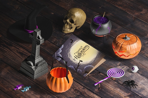 High angle of halloween scene creator on wooden table