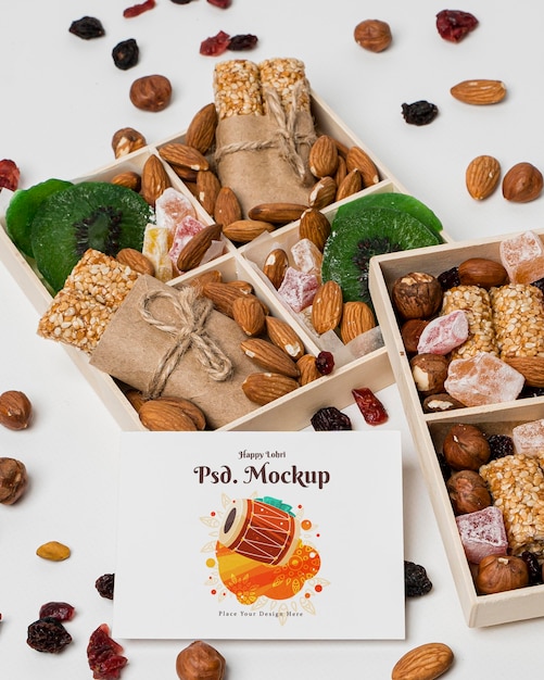 PSD high angle happy lohri mockup with nuts