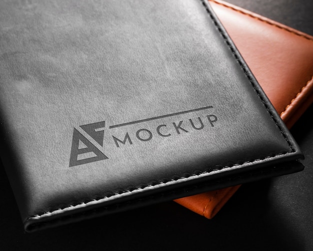 high angle of leather agendas mock-up