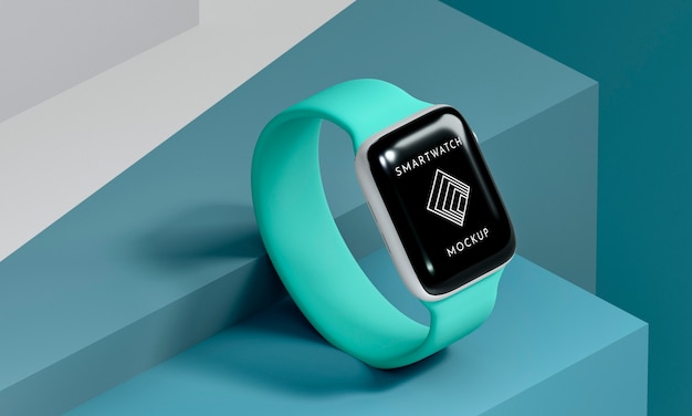 High angle modern blue smartwatch with screen mock-up