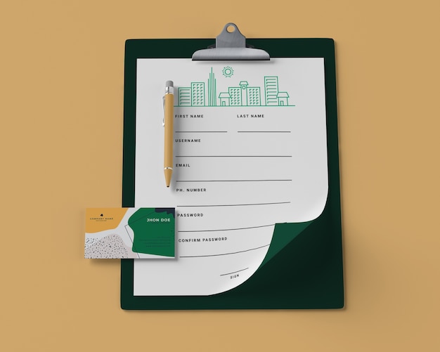 PSD high angle of notepad with paper and card