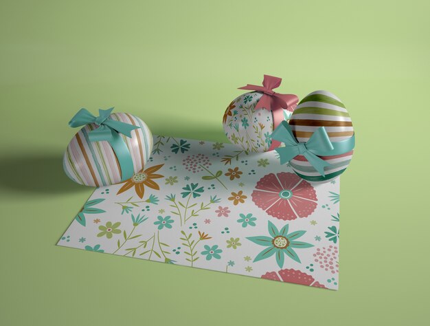 High angle painted eggs on table