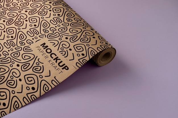 High angle paper kraft roll on purple background