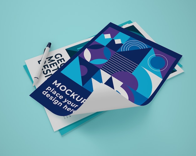 PSD high angle of paper mock-up with geometric design