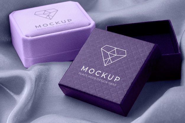 High angle purple jewelry boxes mockup