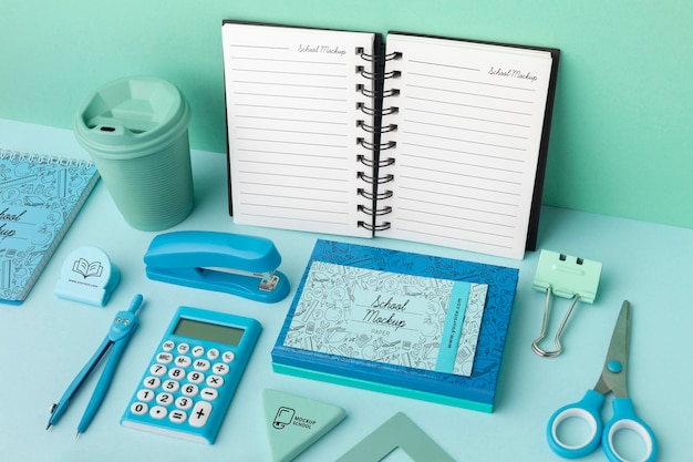 PSD high angle of school supplies collection mock-up