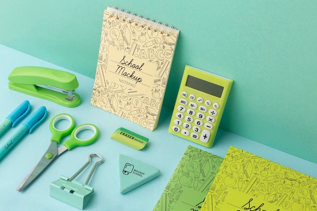 PSD high angle of school supplies set mock-up