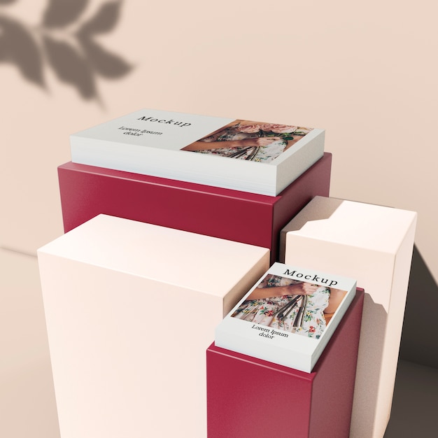 high angle of stacked cards on blocks