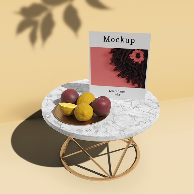 PSD high angle of table with card and fruit