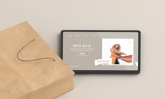 PSD high angle tablet and paper bag