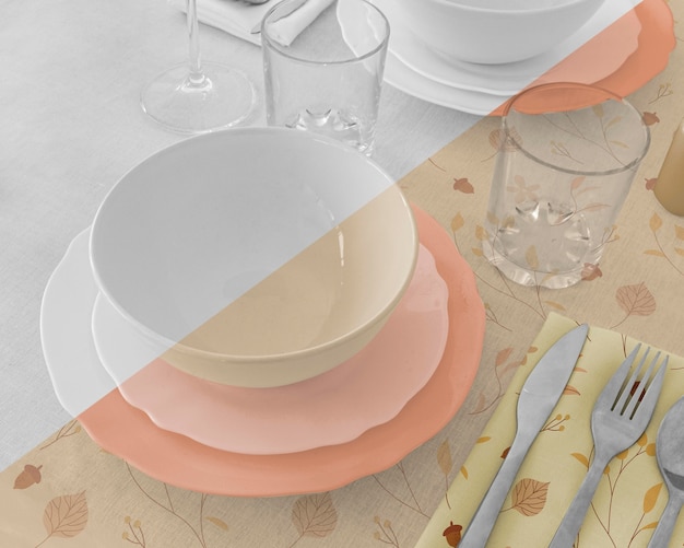 High angle of thanksgiving dinner table arrangement with dishware