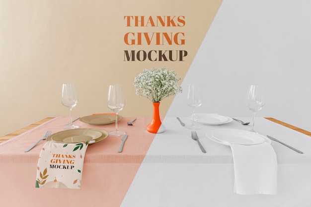 PSD high angle of thanksgiving dinner table arrangement with flowers