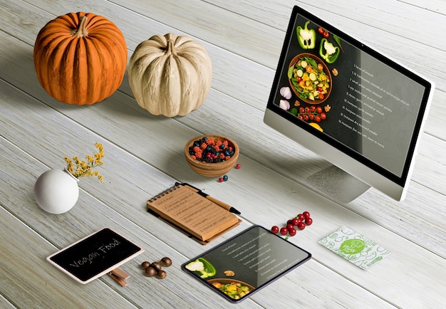 PSD high angle of thanksgiving scene creator on wooden table