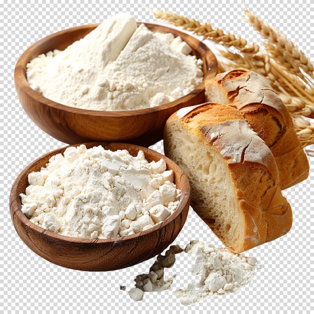 PSD vista ad alto angolo di pane appena cotto circondato da cereali isolati su uno sfondo trasparente