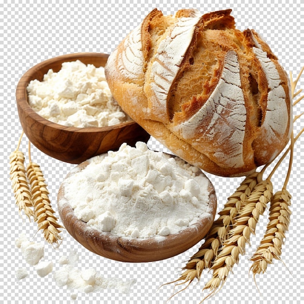 High angle view of freshly baked bread surrounded by grains isolated on transparent background