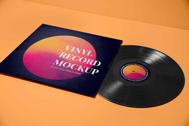 High angle vinyl record with cover