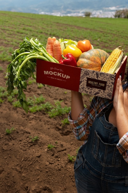 PSD high angle  woman  holding a box in nature