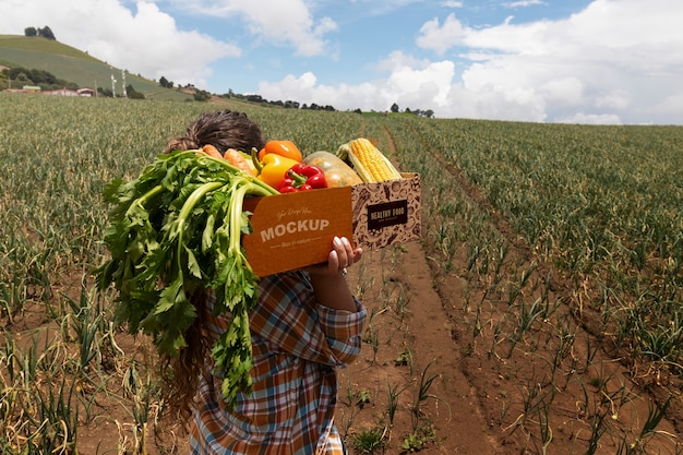 High angle  woman  holding a box in nature