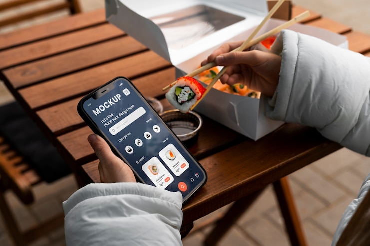 PSD high angle woman with smartphone and sushi