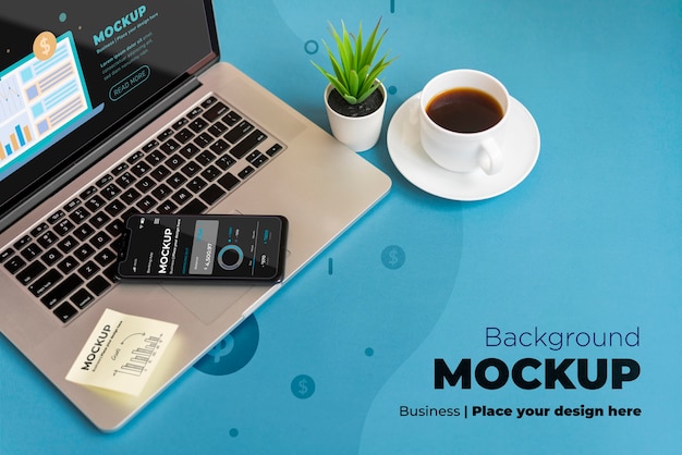 high angle workplace mock-up with laptop